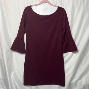 Pretty ❤️ Burgundy Ruby Wine Ponte Bell-Shaped 3/4 Sleeve Dress, S